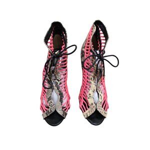 Ted Baker London Neon Pink & Snakeskin Lace-Up Open Toe Heels‎ Size 37.5